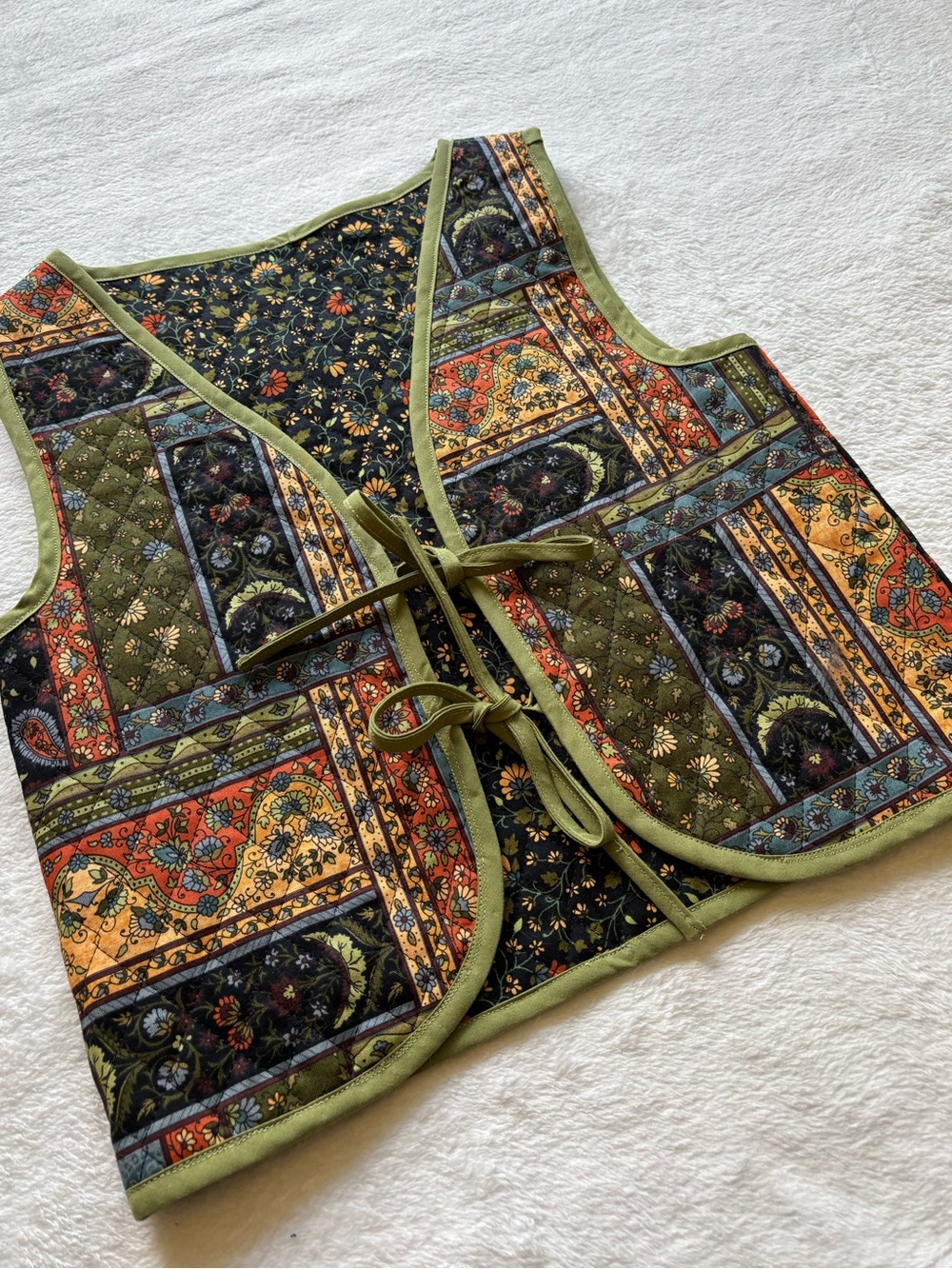 Handmade Quilted Patchwork Tie-Front Vest in Olive & Multi